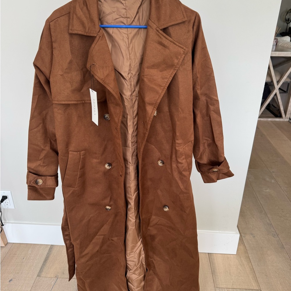 Brown Double-Breasted Faux Suede Trench
